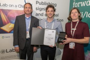 Greg Cooksey (NIST), Joseph de Rutte (UCLA, winner) and Maria Southall (Lab on a Chip)